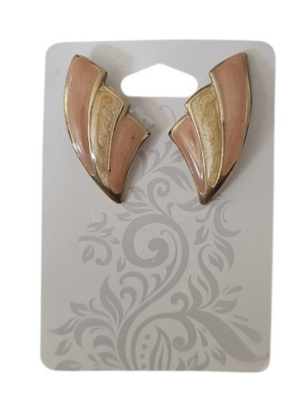 Vintage Gold Tone Peach Enamel Abstract Fan Earrings Retro Statement Studs